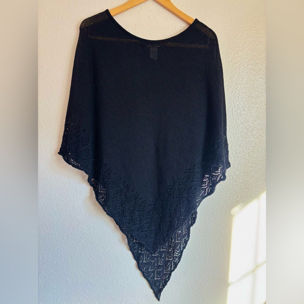 Black Crochet Poncho| BoHo Knit Asymmetrical Hem Top| Lightweight Layering Piece